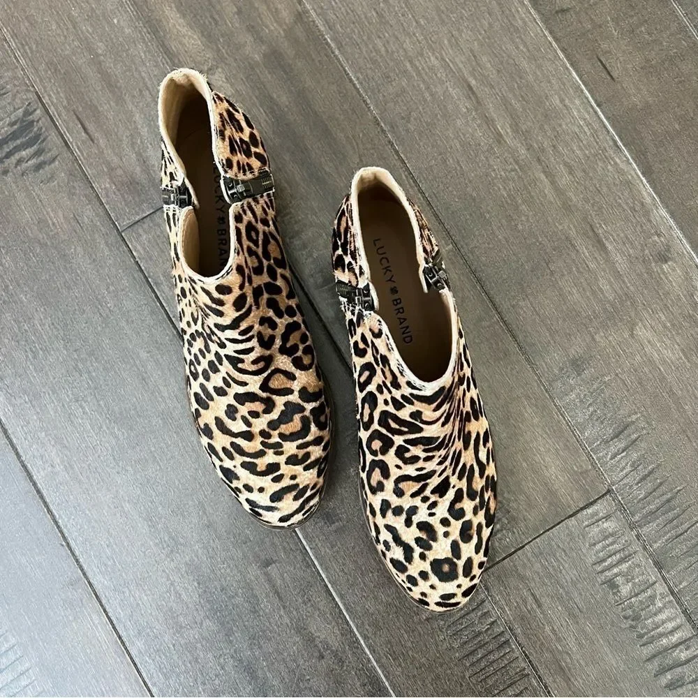 Lucky Brand Burklee Animal Print Booties Ankle Boots Leopard 6.5